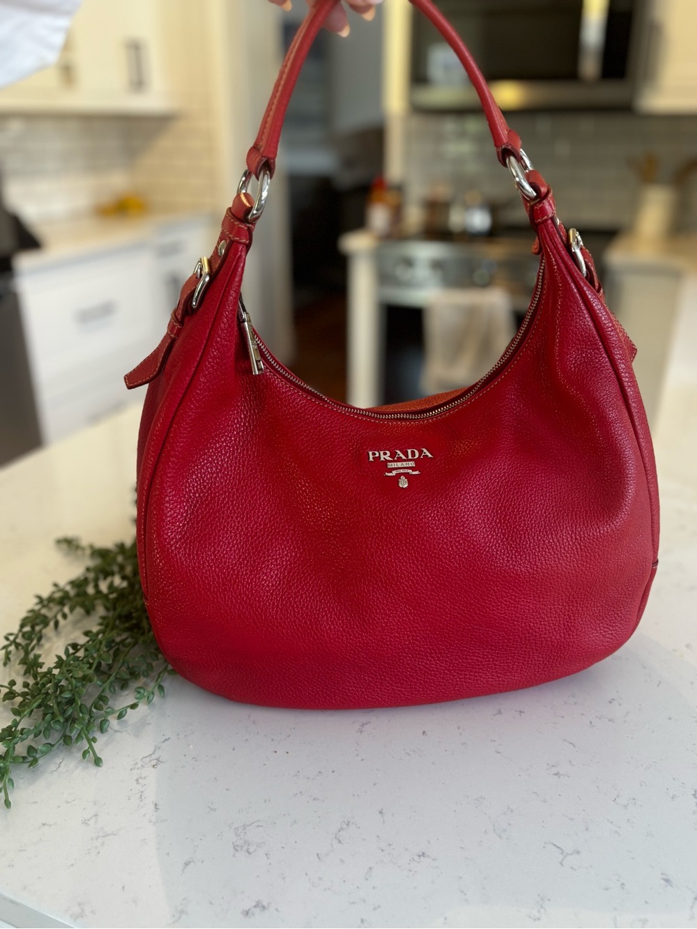 Prada Red Pebbled Leather Shoulder Bag